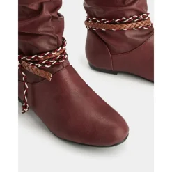 Women's Burgundy Faux Leather Mid Calf Boots – Slouchy Flat Riding Boots with Braided Straps for Fall Outings, Travel and Outdoor Festivals