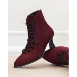 Women's Burgundy Lace-Up Victorian Ankle Boots – Elegant Suede Heeled Footwear for Formal Occasions and Vintage Style