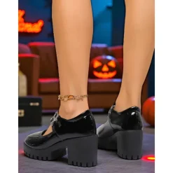 Women's Burgundy Patent Leather Platform Mary Jane Pumps – Gothic Buckled Chunky Heel Shoes for Halloween Parties and Cosplay Outfits