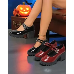 Women's Burgundy Patent Leather Platform Mary Jane Pumps – Gothic Buckled Chunky Heel Shoes for Halloween Parties and Cosplay Outfits