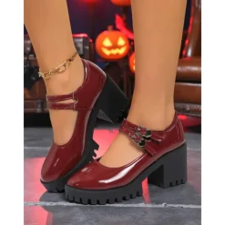 Women's Burgundy Patent Leather Platform Mary Jane Pumps – Gothic Buckled Chunky Heel Shoes for Halloween Parties and Cosplay Outfits