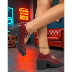 Women's Burgundy Patent Leather Platform Mary Jane Pumps – Gothic Buckled Chunky Heel Shoes for Halloween Parties and Cosplay Outfits