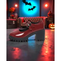 Women's Burgundy Patent Leather Platform Mary Jane Pumps – Gothic Buckled Chunky Heel Shoes for Halloween Parties and Cosplay Outfits