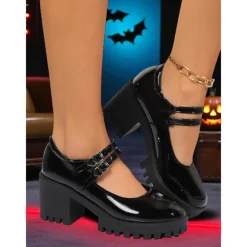 Women's Burgundy Patent Leather Platform Mary Jane Pumps – Gothic Buckled Chunky Heel Shoes for Halloween Parties and Cosplay Outfits