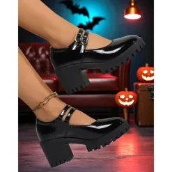 Women's Burgundy Patent Leather Platform Mary Jane Pumps – Gothic Buckled Chunky Heel Shoes for Halloween Parties and Cosplay Outfits