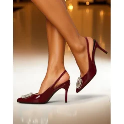Women's Burgundy Patent Leather Slingback Heels - Pointed Toe Stilettos with Crystal Buckle for Formal Events and Cocktail Parties