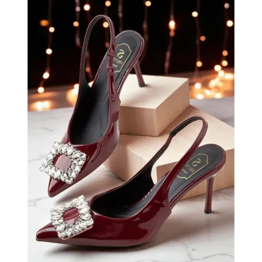 Women's Burgundy Patent Leather Slingback Heels - Pointed Toe Stilettos with Crystal Buckle for Formal Events and Cocktail Parties