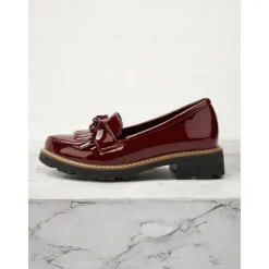 Women's Burgundy Patent Leather Loafers with Fringe Tassel Detail and Chunky Heel, Perfect for Office Wear and Casual Outfits
