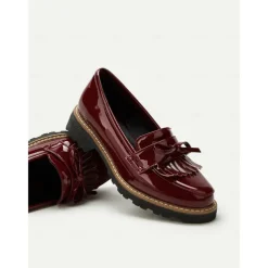 Women's Burgundy Patent Leather Loafers with Fringe Tassel Detail and Chunky Heel, Perfect for Office Wear and Casual Outfits