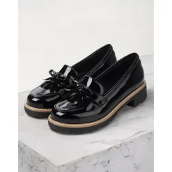 Women's Burgundy Patent Leather Loafers with Fringe Tassel Detail and Chunky Heel, Perfect for Office Wear and Casual Outfits