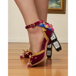 Women's Burgundy Velvet Heels with Gold Embellishments – Baroque Style Ankle Strap Sandals with Decorative Block Heels for Formal Events, Costume Parties, and Theatrical Performances