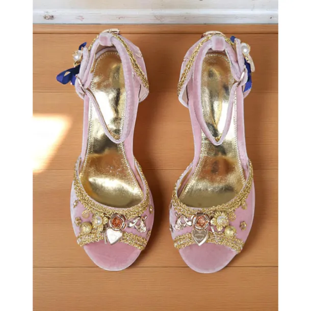 Women's Burgundy Velvet Heels with Gold Embellishments – Baroque Style Ankle Strap Sandals with Decorative Block Heels for Formal Events, Costume Parties, and Theatrical Performances