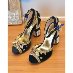 Women's Burgundy Velvet Heels with Gold Embellishments – Baroque Style Ankle Strap Sandals with Decorative Block Heels for Formal Events, Costume Parties, and Theatrical Performances