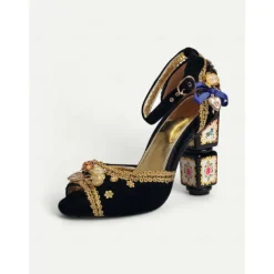 Women's Burgundy Velvet Heels with Gold Embellishments – Baroque Style Ankle Strap Sandals with Decorative Block Heels for Formal Events, Costume Parties, and Theatrical Performances