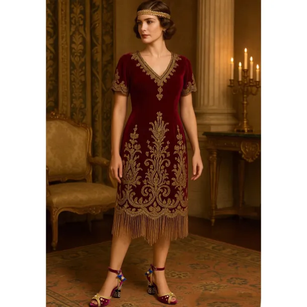 Women's Burgundy Velvet Heels with Gold Embellishments – Baroque Style Ankle Strap Sandals with Decorative Block Heels for Formal Events, Costume Parties, and Theatrical Performances