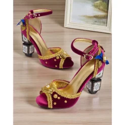 Women's Burgundy Velvet Heels with Gold Embellishments – Baroque Style Ankle Strap Sandals with Decorative Block Heels for Formal Events, Costume Parties, and Theatrical Performances