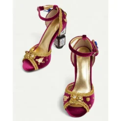 Women's Burgundy Velvet Heels with Gold Embellishments – Baroque Style Ankle Strap Sandals with Decorative Block Heels for Formal Events, Costume Parties, and Theatrical Performances
