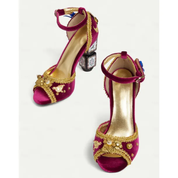 Women's Burgundy Velvet Heels with Gold Embellishments – Baroque Style Ankle Strap Sandals with Decorative Block Heels for Formal Events, Costume Parties, and Theatrical Performances
