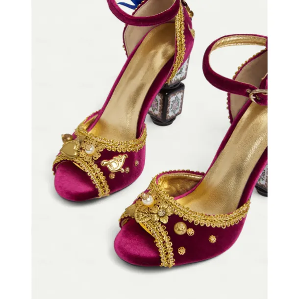 Women's Burgundy Velvet Heels with Gold Embellishments – Baroque Style Ankle Strap Sandals with Decorative Block Heels for Formal Events, Costume Parties, and Theatrical Performances