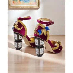 Women's Burgundy Velvet Heels with Gold Embellishments – Baroque Style Ankle Strap Sandals with Decorative Block Heels for Formal Events, Costume Parties, and Theatrical Performances