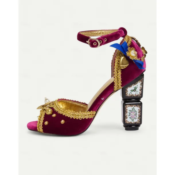 Women's Burgundy Velvet Heels with Gold Embellishments – Baroque Style Ankle Strap Sandals with Decorative Block Heels for Formal Events, Costume Parties, and Theatrical Performances