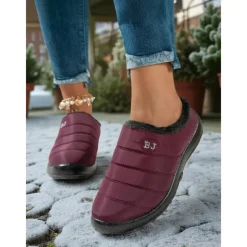 Women's Burgundy Waterproof Winter Slip-On Shoes – Warm Fur-Lined Anti-Slip Mules for Snowy Days, Outdoor Errands and Casual Daily Wear