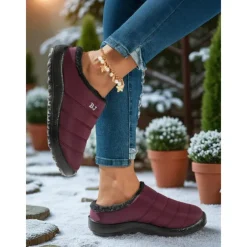 Women's Burgundy Waterproof Winter Slip-On Shoes – Warm Fur-Lined Anti-Slip Mules for Snowy Days, Outdoor Errands and Casual Daily Wear