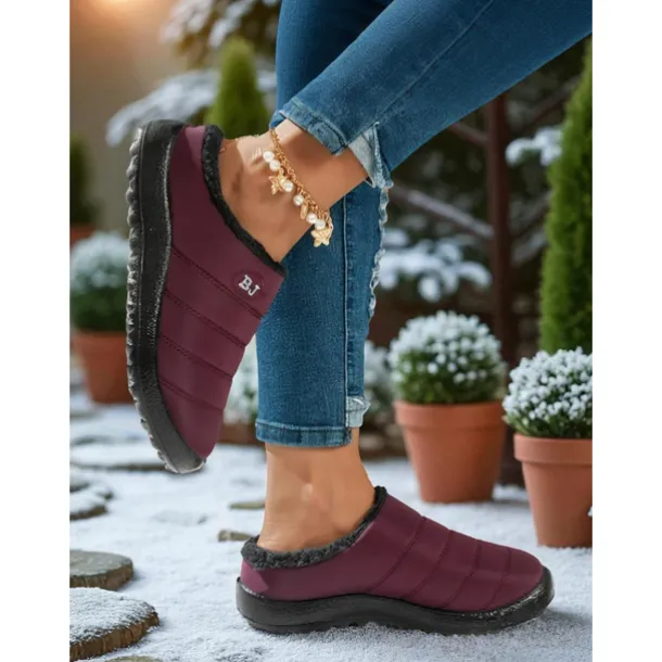 Women's Burgundy Waterproof Winter Slip-On Shoes – Warm Fur-Lined Anti-Slip Mules for Snowy Days, Outdoor Errands and Casual Daily Wear