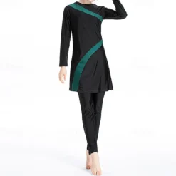 Women's Burkini Hijab Swimsuit Full Coverage UPF50+ Long Sleeve Bathing Suit 3-Piece Modest Swimwear Swimming Beach Water Sports Patchwork Spring Summer Autumn