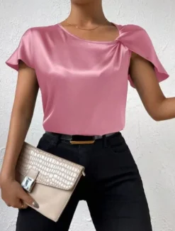 Women's Camisole Tank Top Solid Color Elegant Stylish Short Sleeve V Neck Regular Tops Wedding Guest Work Black Pink Navy Blue Green Khaki Summer Spring