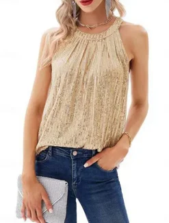Women's Camisole Tank Top Camis Solid Color Sexy Casual Sleeveless Halter Neck Regular Tops Party Sequins Wine Fuchsia Gold Summer