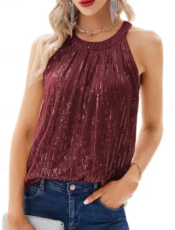 Women's Camisole Tank Top Camis Solid Color Sexy Casual Sleeveless Halter Neck Regular Tops Party Sequins Wine Fuchsia Gold Summer