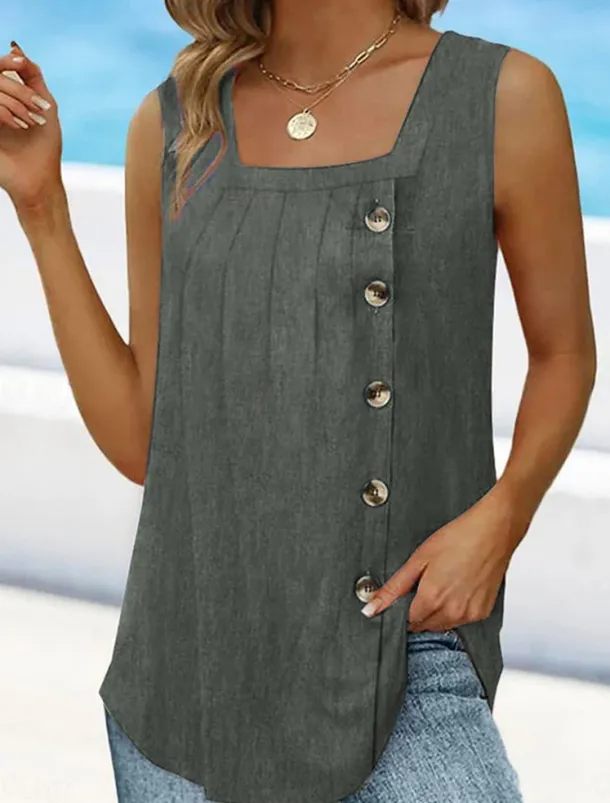 Women's Camisole Tank Top Sleeveless Round Neck Asymmetrical Button Side Solid Color Casual Summer Top Regular Fit Charcoal Green