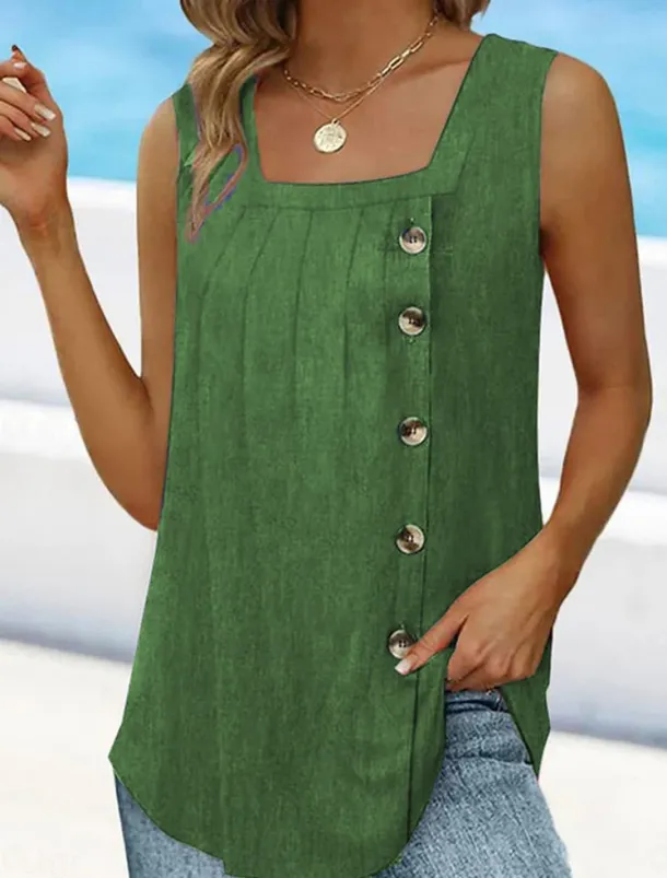 Women's Camisole Tank Top Sleeveless Round Neck Asymmetrical Button Side Solid Color Casual Summer Top Regular Fit Charcoal Green