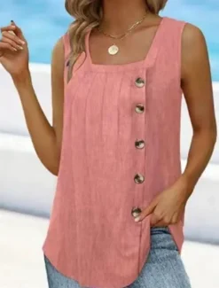 Women's Camisole Tank Top Sleeveless Round Neck Asymmetrical Button Side Solid Color Casual Summer Top Regular Fit Charcoal Green