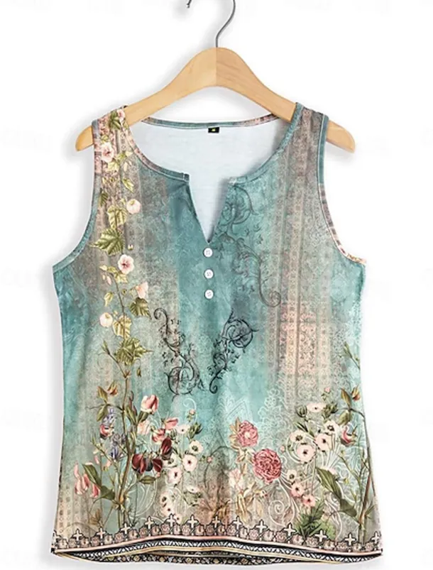 Women's Camisole Tank Top Stylish Casual Floral Buttons Print Sleeveless Regular Tops Notched Neck Casual Daily Holiday White Blue Green Gray Summer