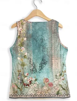 Women's Camisole Tank Top Stylish Casual Floral Buttons Print Sleeveless Regular Tops Notched Neck Casual Daily Holiday White Blue Green Gray Summer