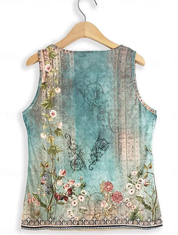 Women's Camisole Tank Top Stylish Casual Floral Buttons Print Sleeveless Regular Tops Notched Neck Casual Daily Holiday White Blue Green Gray Summer