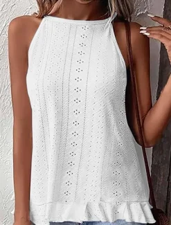 Women's Camisole Tank Top Solid Color Stylish Casual Sleeveless Halter Neck Regular Tops Daily Eyelet Black White Sky Blue Summer