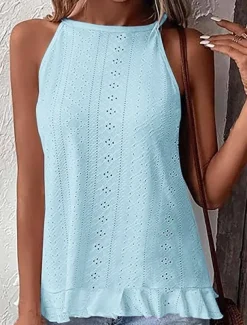 Women's Camisole Tank Top Solid Color Stylish Casual Sleeveless Halter Neck Regular Tops Daily Eyelet Black White Sky Blue Summer