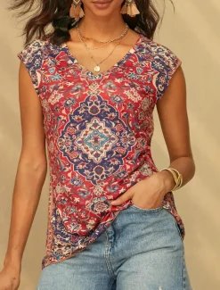 Women's Camisole Tank Top Basic Print Sleeveless Regular Tops V Neck Casual Red Blue Purple Green