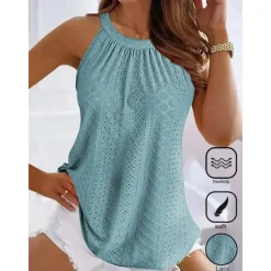 Women's Camisole Tank Top Halter Top Sleeveless Lace Cut-Out Elastic Soft High Neck Summer Casual Teal Lightweight Versatile Beachwear