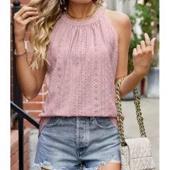 Women's Camisole Tank Top Halter Top Sleeveless Lace Cut-Out Elastic Soft High Neck Summer Casual Teal Lightweight Versatile Beachwear