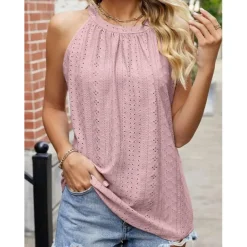 Women's Camisole Tank Top Halter Top Sleeveless Lace Cut-Out Elastic Soft High Neck Summer Casual Teal Lightweight Versatile Beachwear