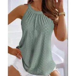 Women's Camisole Tank Top Halter Top Sleeveless Lace Cut-Out Elastic Soft High Neck Summer Casual Teal Lightweight Versatile Beachwear