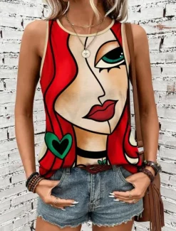 Women's Camisole Tank Top Vest Fashion Streetwear Striped Print Sleeveless Regular Tops Crew Neck Casual Green Summer