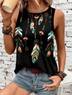 Women's Camisole Tank Top Vest Fashion Streetwear Striped Print Sleeveless Regular Tops Crew Neck Casual Green Summer