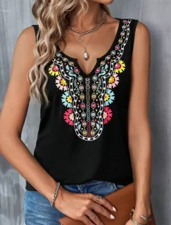 Women's Camisole Tank Top Floral Ethnic Casual Sleeveless V Neck Regular Tops Daily Print Black Summer