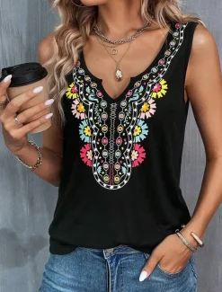 Women's Camisole Tank Top Floral Ethnic Casual Sleeveless V Neck Regular Tops Daily Print Black Summer