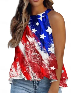 Women's Camisole Tank Top Flag Daily Casual Sleeveless Halter Neck Regular Tops Daily Ruffle Print Red Navy Blue Royal Blue Blue Summer